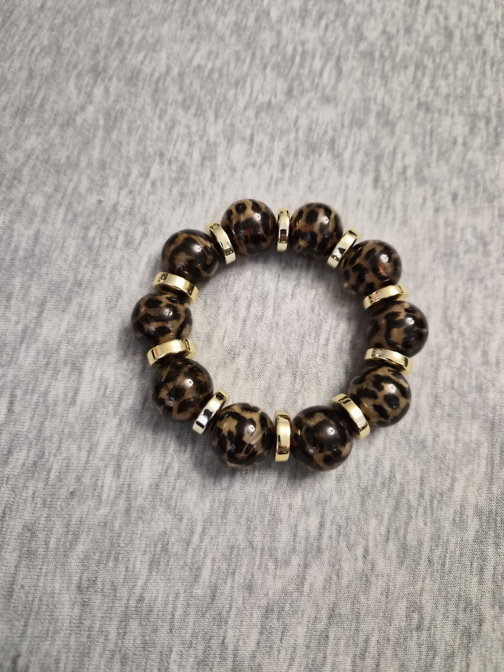 Leopard Print Beaded Stretch Bracelet with Gold Accents